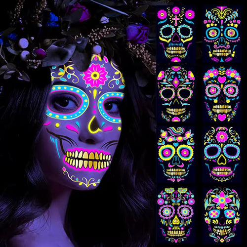 Fluorescent Sugar Skull Face Tattoos — Glow-in-the-Dark Temporary Halloween Makeup (8 Pcs) | Nocturne Decor