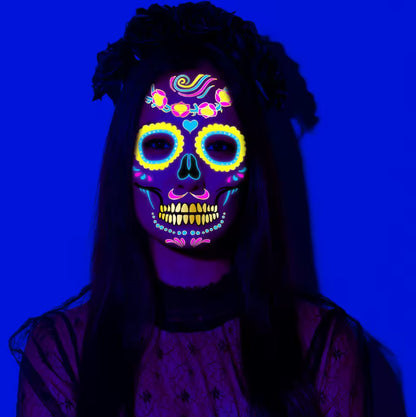 Fluorescent Sugar Skull Face Tattoos — Glow-in-the-Dark Temporary Halloween Makeup (8 Pcs) | Nocturne Decor