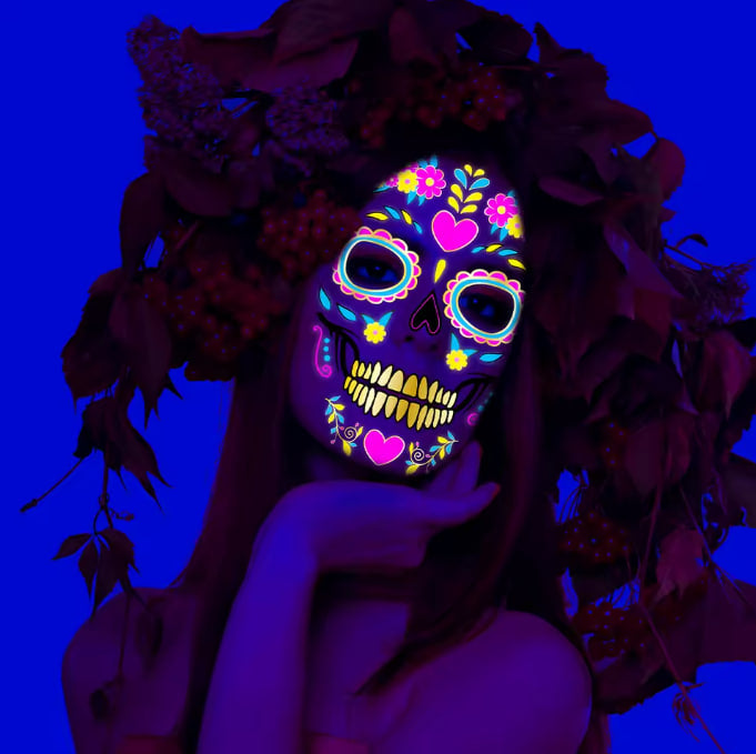 Fluorescent Sugar Skull Face Tattoos — Glow-in-the-Dark Temporary Halloween Makeup (8 Pcs) | Nocturne Decor