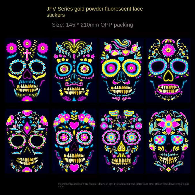 Fluorescent Sugar Skull Face Tattoos — Glow-in-the-Dark Temporary Halloween Makeup (8 Pcs) | Nocturne Decor