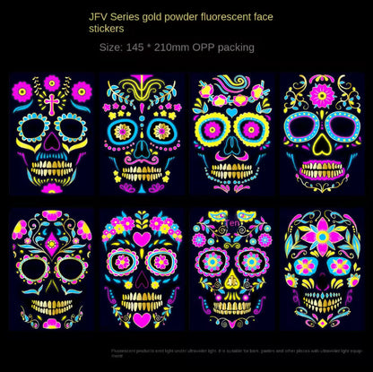 Fluorescent Sugar Skull Face Tattoos — Glow-in-the-Dark Temporary Halloween Makeup (8 Pcs) | Nocturne Decor