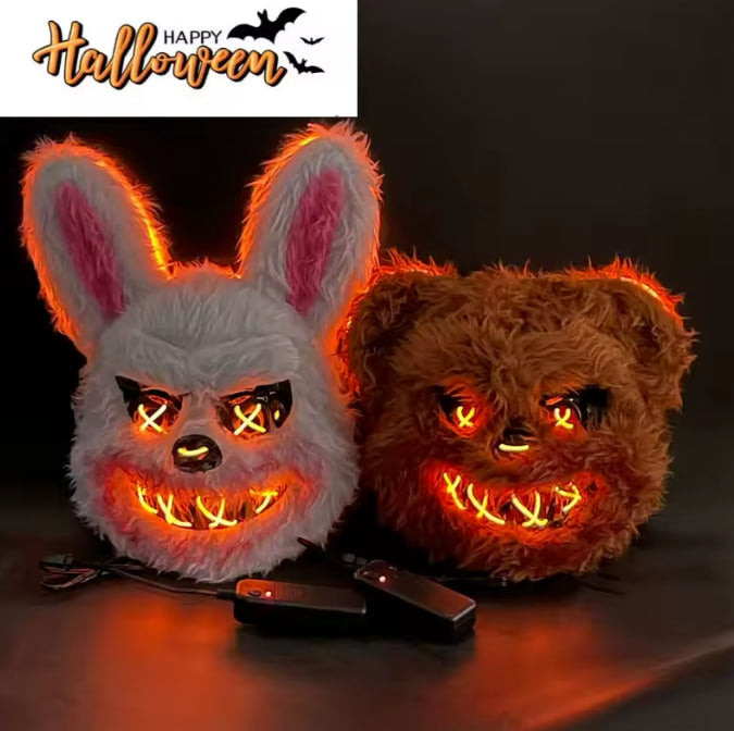 Frenzy Plush Neon LED Mask — Haunted Bloody Bear & Rabbit Horror Headwear | Nocturne Decor